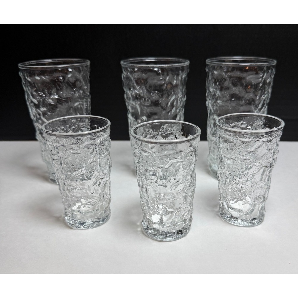 VTG Anchhor Hocking Milano Clear Bark Textured Glass Tumbler Juice Set 6pc MCM - Picture 3 of 9
